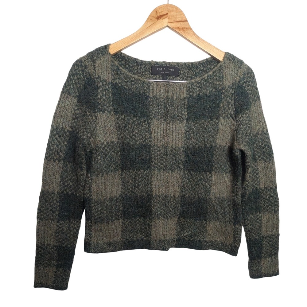 Rag & Bone Womens Mohair Wool Plaid Sweater Green Grey Scoop Neck XS grunge
